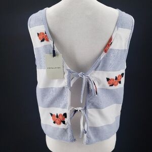 PEPALOVES Tie Back Floral Blouse Striped Summer Lightweight CUTE!!!